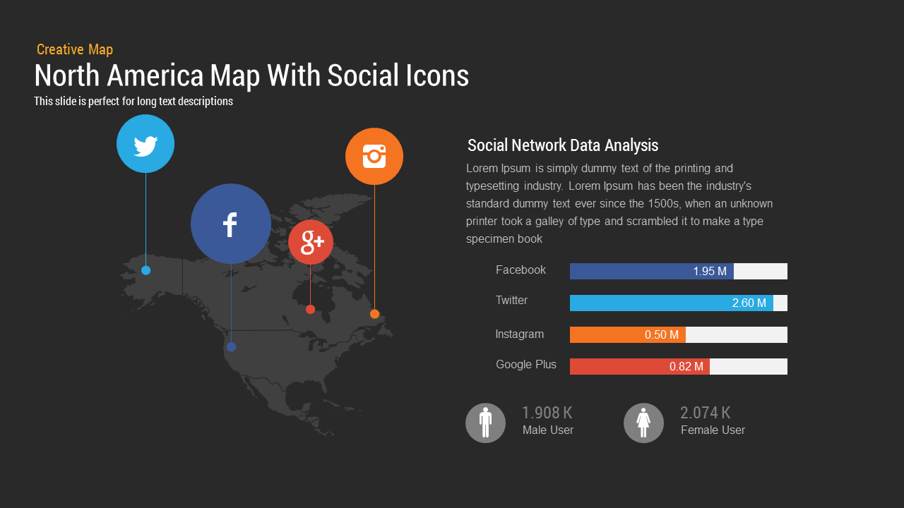 North America Map With Social Icons PowerPoint and Keynote template