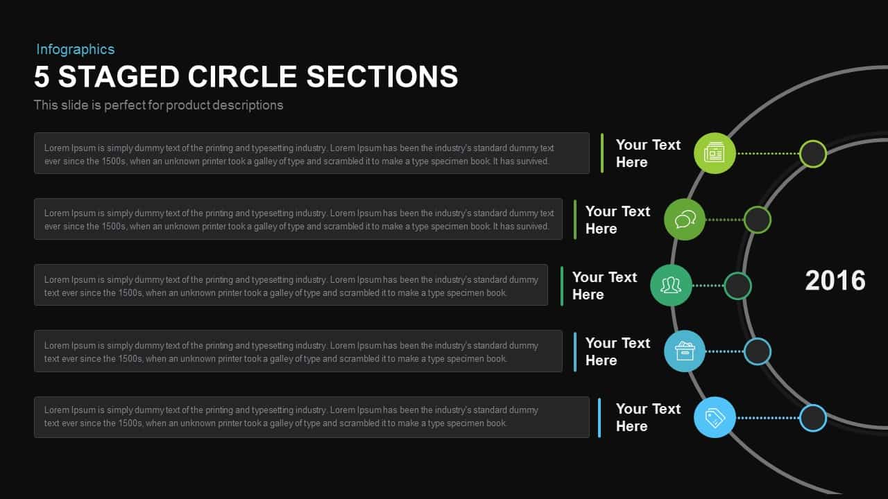 5 Staged Circle Sections Powerpoint and Keynote template