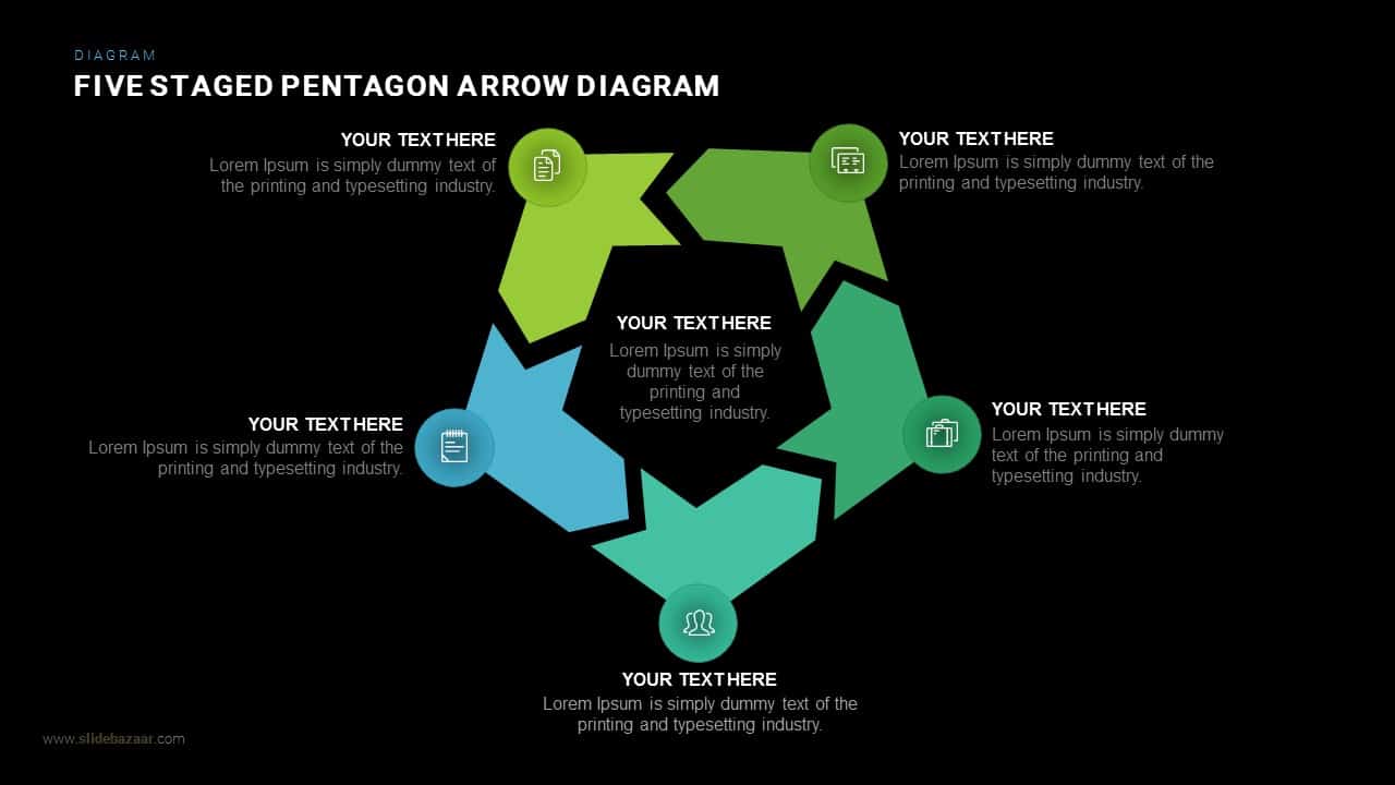 Five Staged Pentagon Arrow Diagram Powerpoint and Keynote template