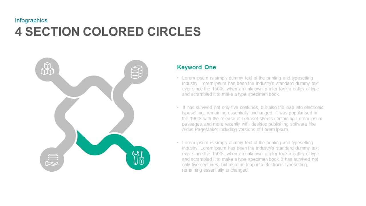 4 Section Colored Circles Powerpoint and Keynote template