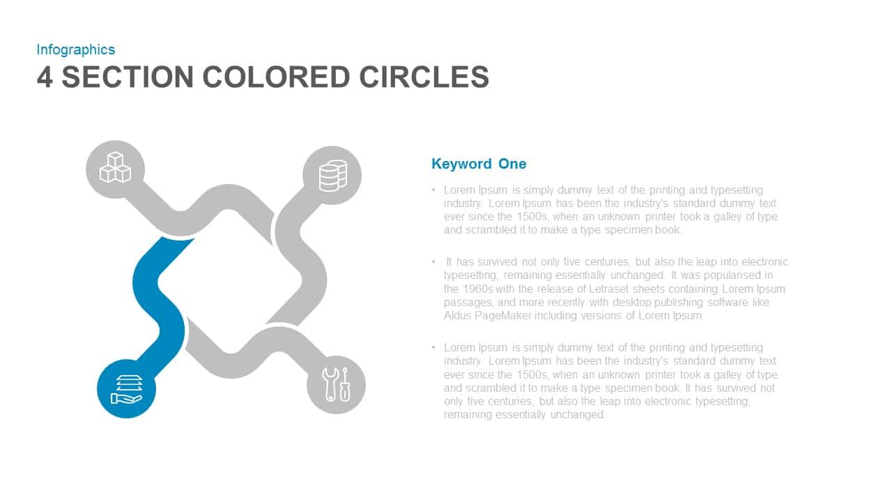 4 Section Colored Circles Powerpoint and Keynote template