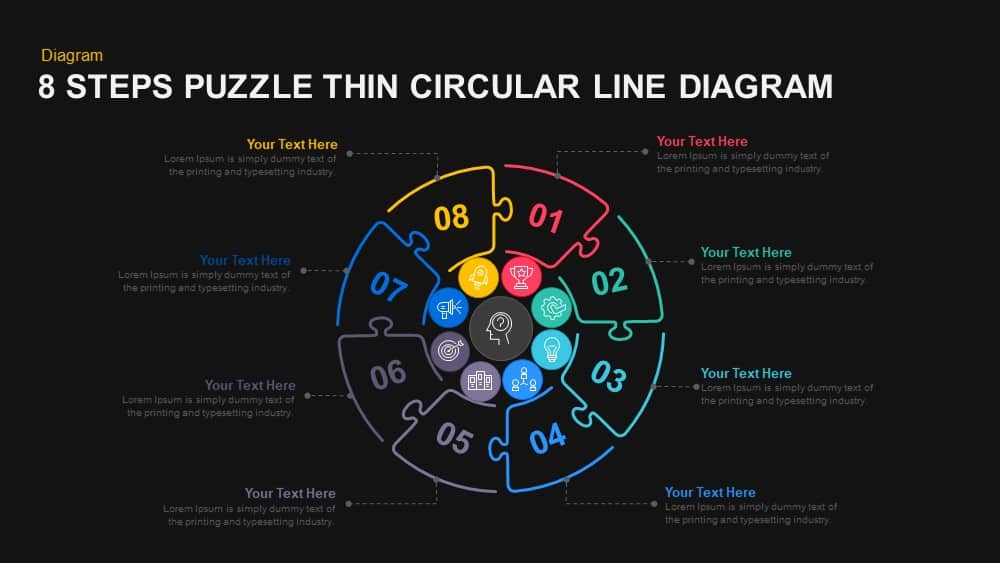 8 Steps Puzzle Thin Circular Line Diagram PowerPoint and Keynote template