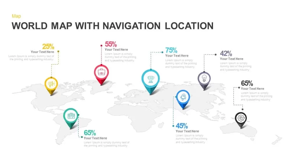 World map with navigation location PowerPoint template and keynote