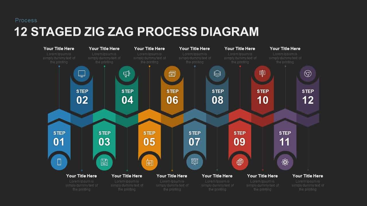 12 Staged Zig Zag Process Diagram PowerPoint template