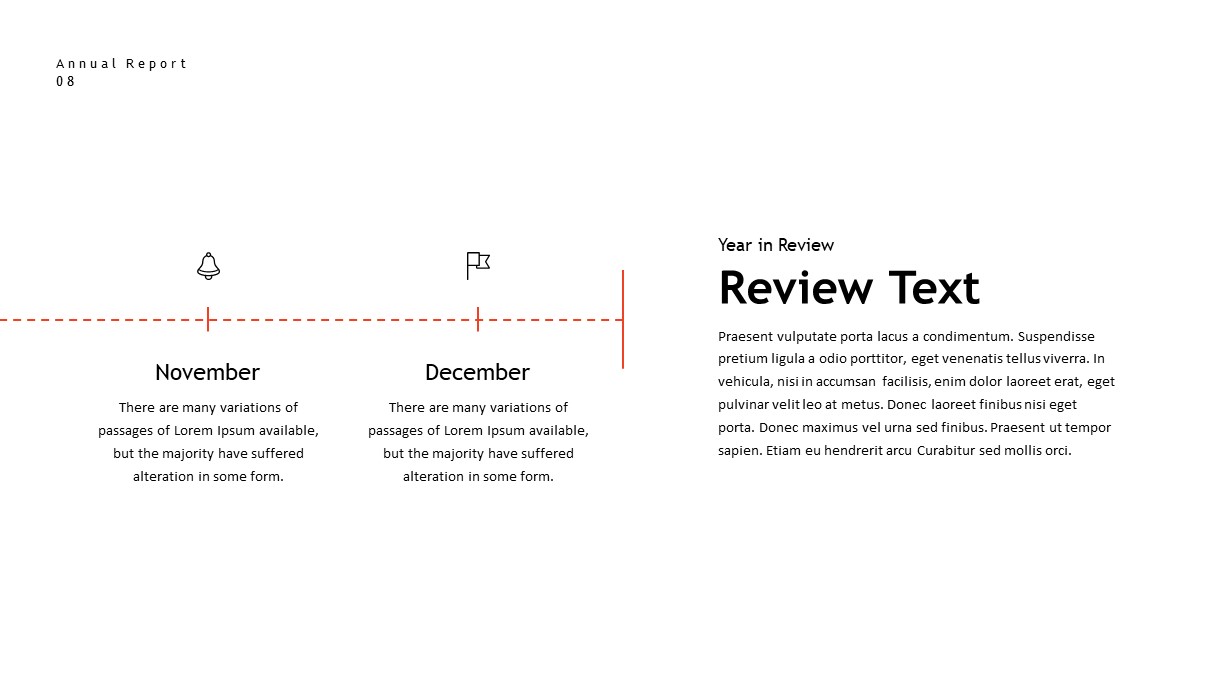 annual report timeline reviw text PowerPoint template